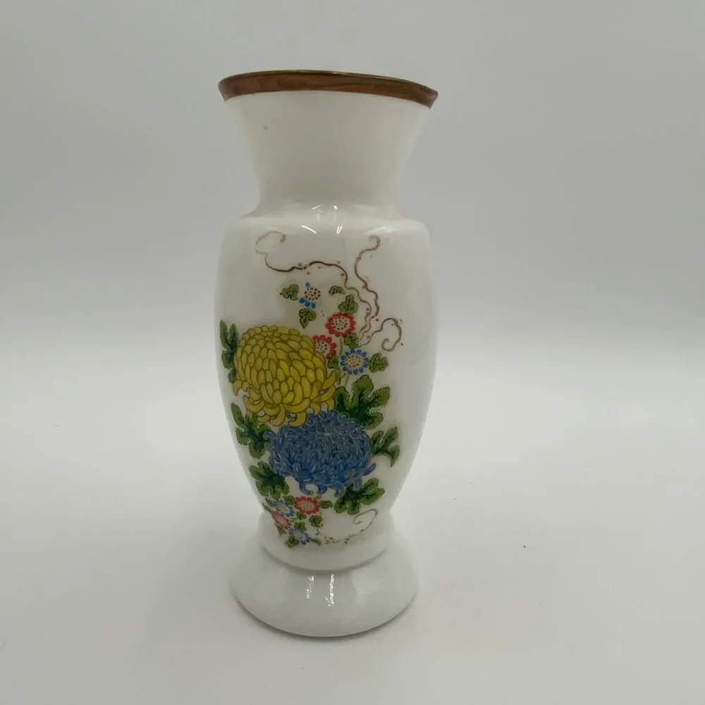 VTG Enesco Milk Glass Blue & Yellow Floral Vase w Gold Trim 7